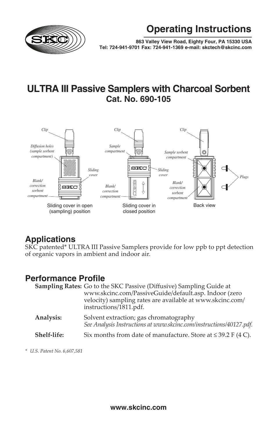 SKC 690-105 ULTRA III Passive Samplers with Charcoal Sorbent User Manual | 4 pages