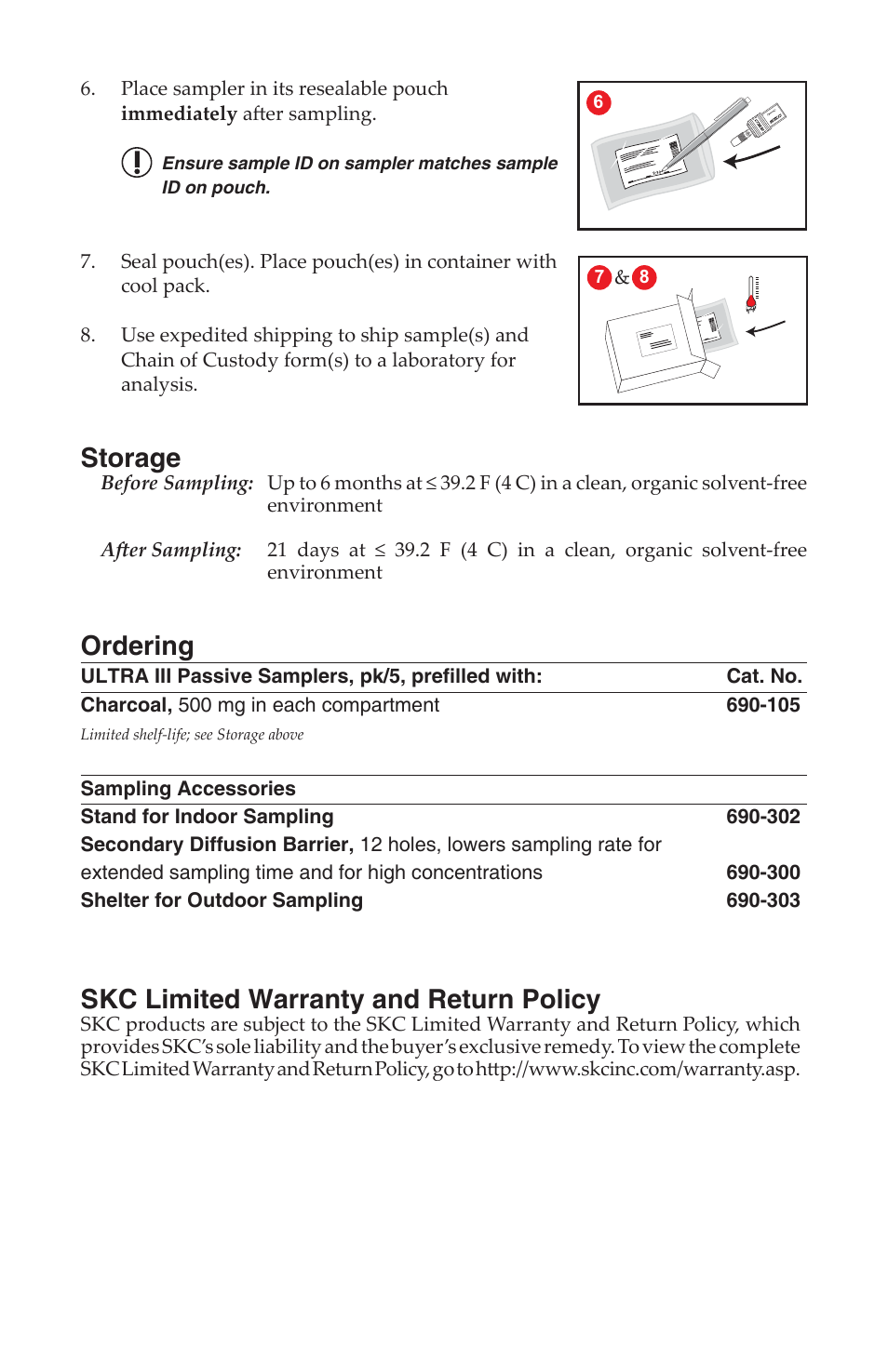 Storage, Ordering, Skc limited warranty and return policy | SKC 690-105 ULTRA III Passive Samplers with Charcoal Sorbent User Manual | Page 3 / 4