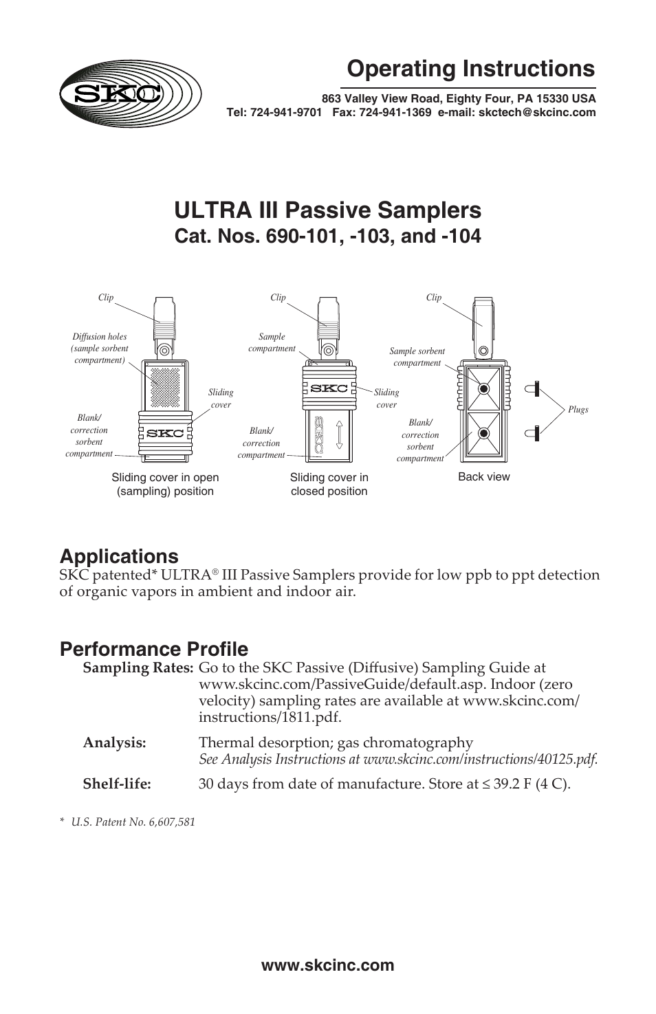 SKC 690-101,-102,-103,-104 ULTRA III Passive Samplers User Manual | 4 pages