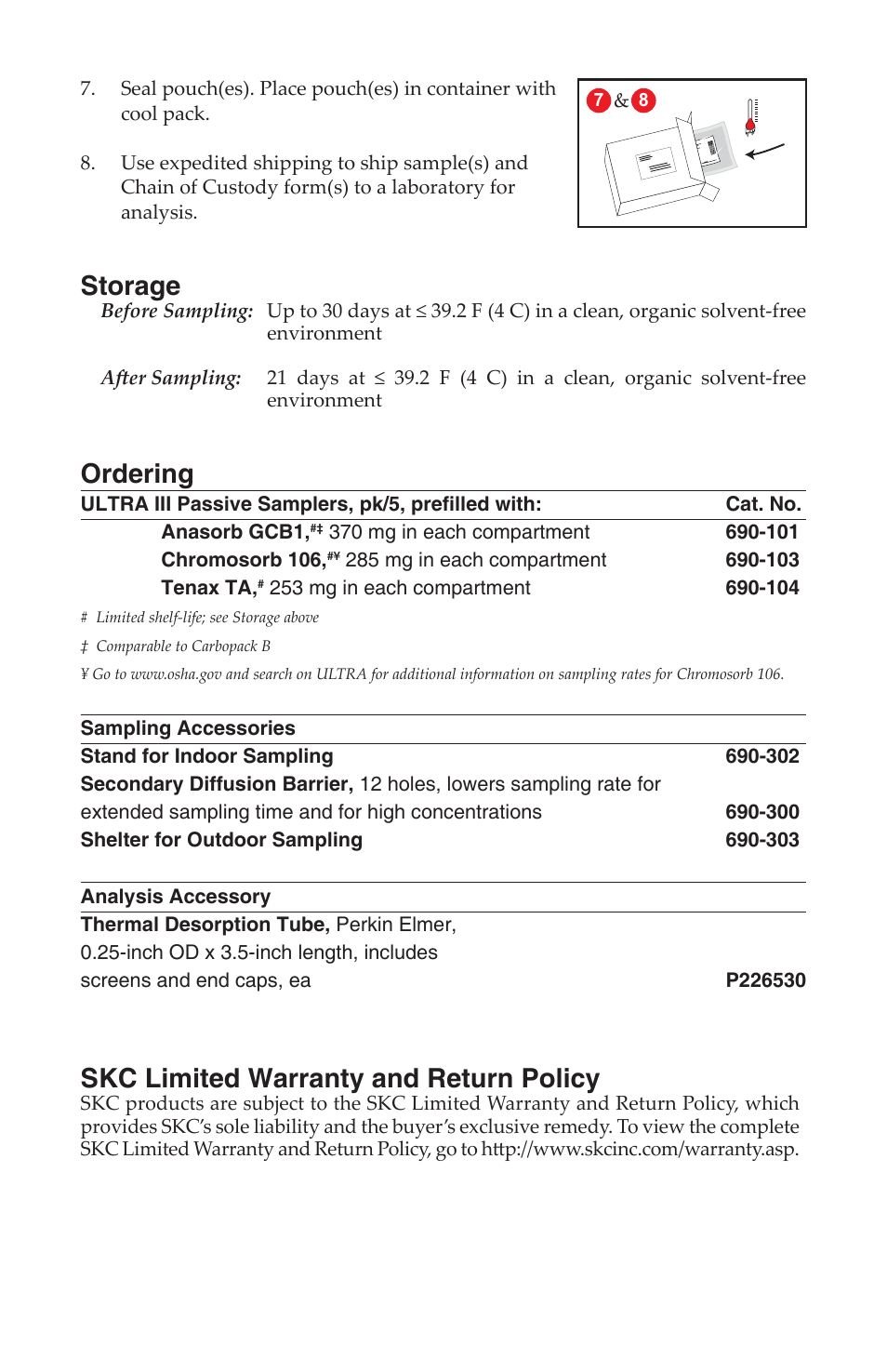 Storage, Ordering, Skc limited warranty and return policy | SKC 690-101,-102,-103,-104 ULTRA III Passive Samplers User Manual | Page 3 / 4