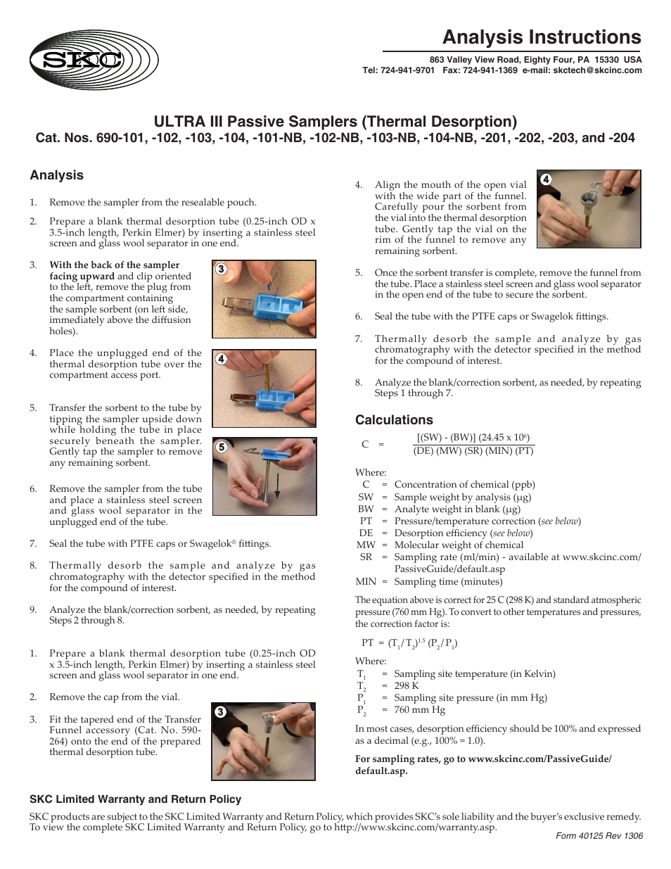 SKC 690-101-NB,-102-NB,-103-NB,-104-NB ULTRA III Passive Samplers without Blank Analysis Instructions User Manual | 1 page