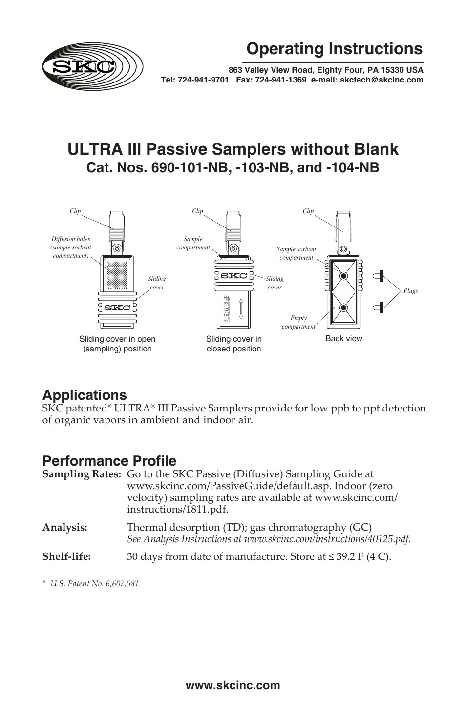 SKC 690-101-NB,-102-NB,-103-NB,-104-NB ULTRA III Passive Samplers without Blank User Manual | 4 pages