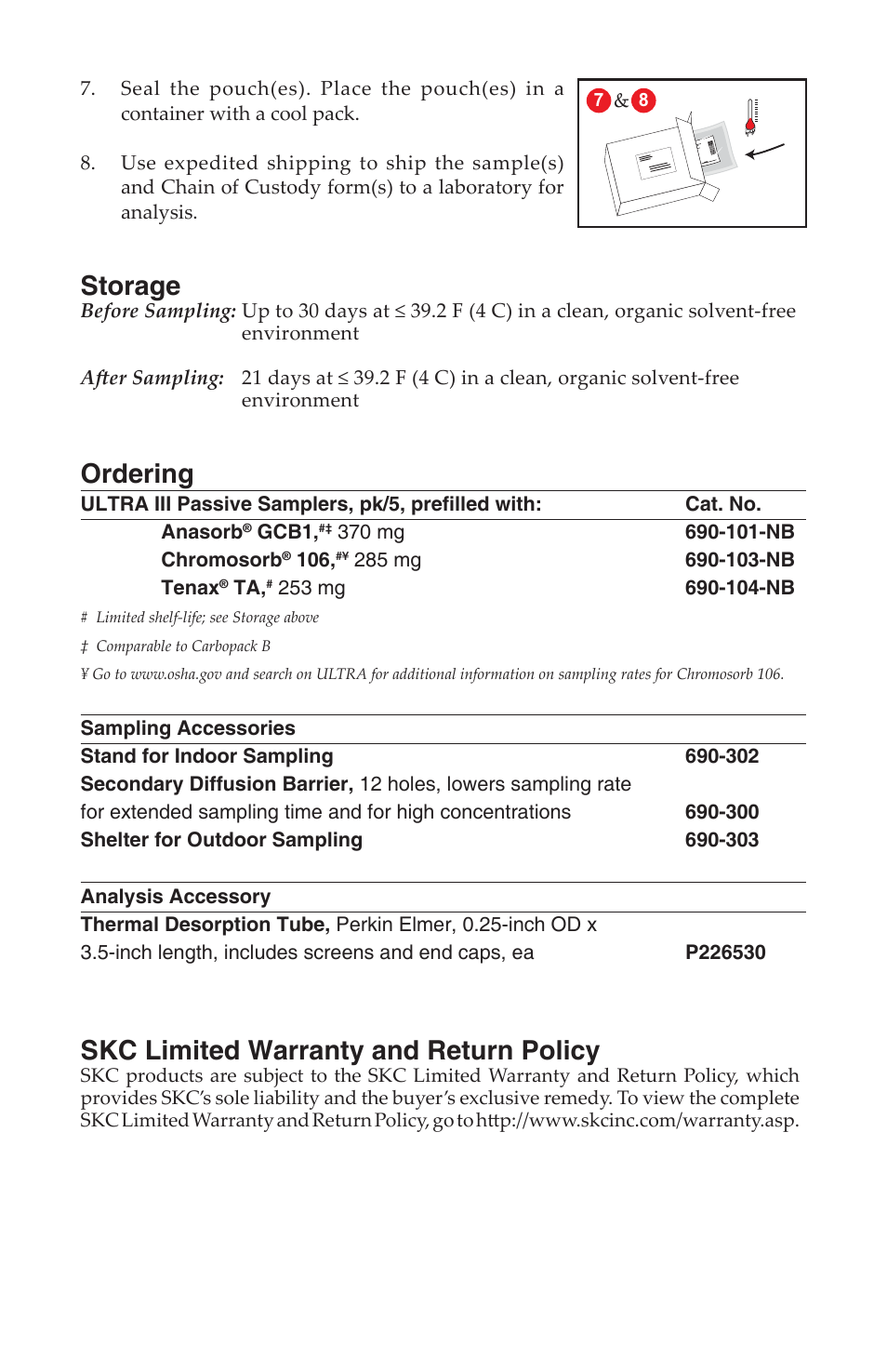 Storage, Ordering, Skc limited warranty and return policy | SKC 690-101-NB,-102-NB,-103-NB,-104-NB ULTRA III Passive Samplers without Blank User Manual | Page 3 / 4