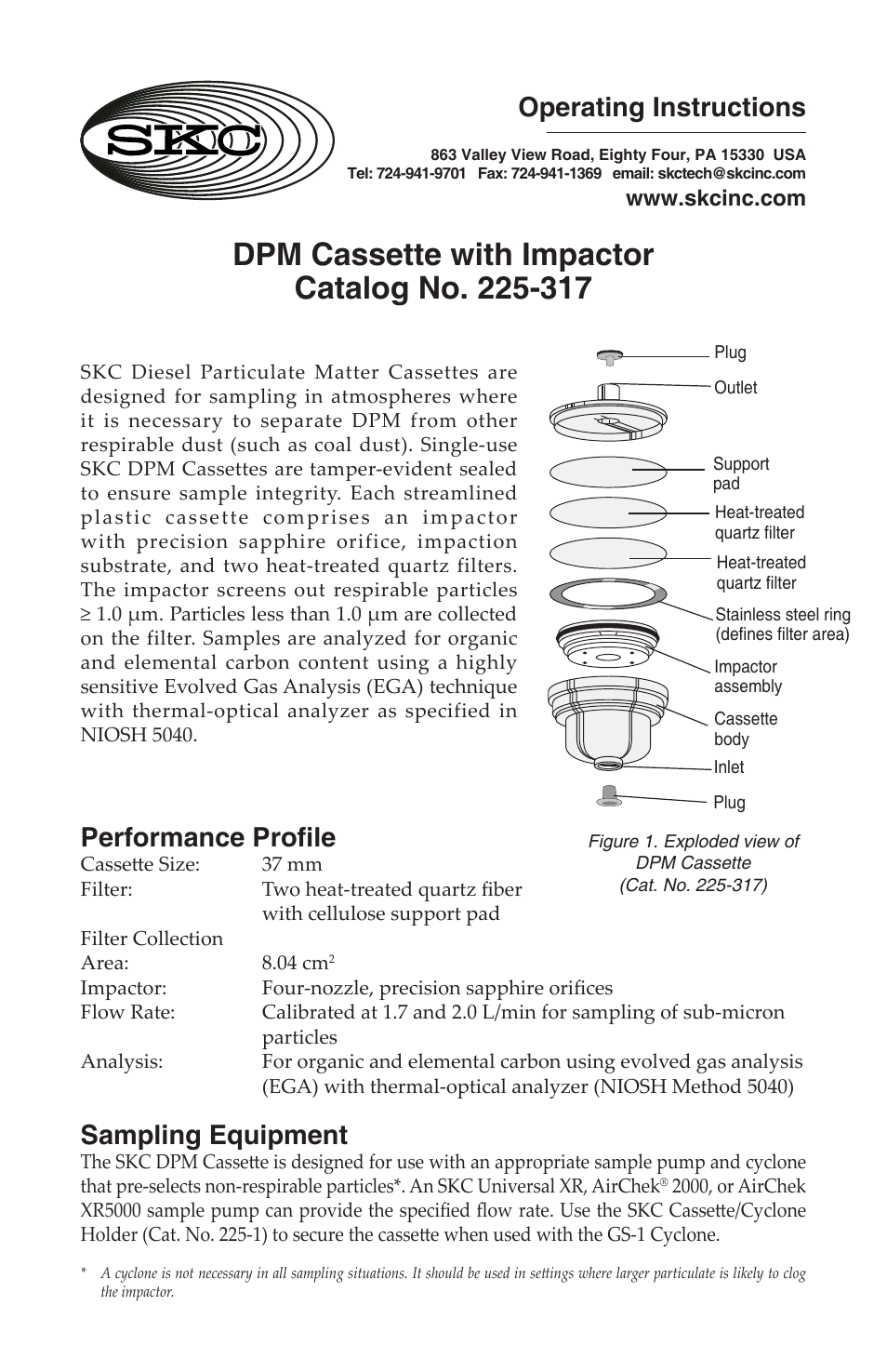 SKC 225-317 SKC Diesel Particulate Matter (DPM) FIlter Cassette User Manual | 4 pages
