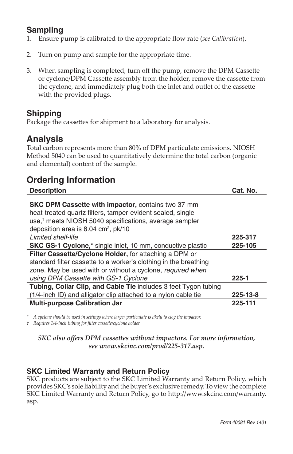 Analysis, Ordering information, Sampling | Shipping | SKC 225-317 SKC Diesel Particulate Matter (DPM) FIlter Cassette User Manual | Page 4 / 4