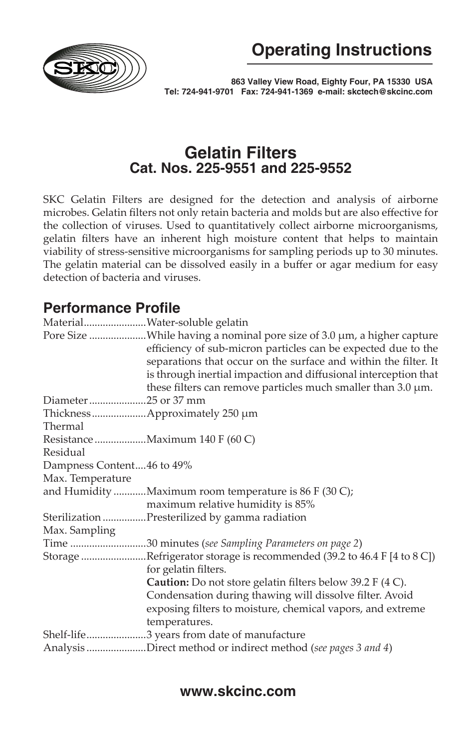 SKC 225-95 Series Gelatin Filters User Manual | 4 pages