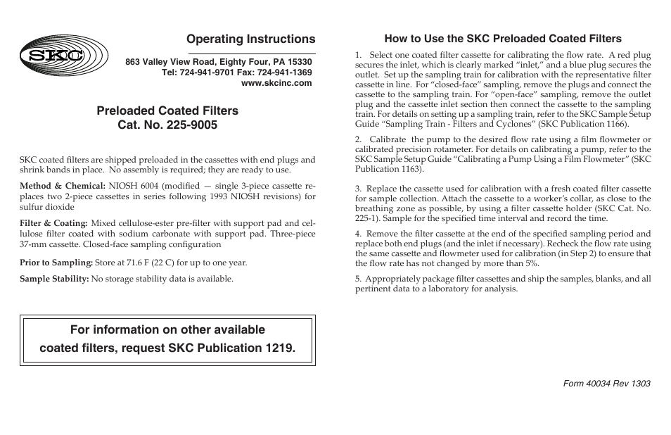 SKC 225-9005 Preloaded Coated Filter User Manual | 1 page