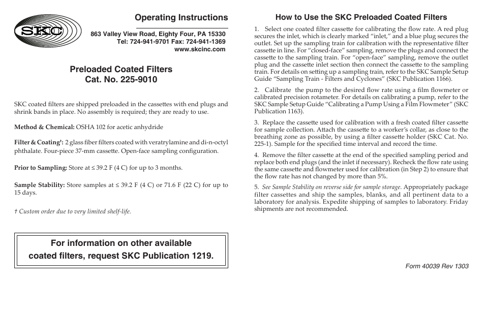 SKC 225-9010 Preloaded Coated Filter User Manual | 1 page