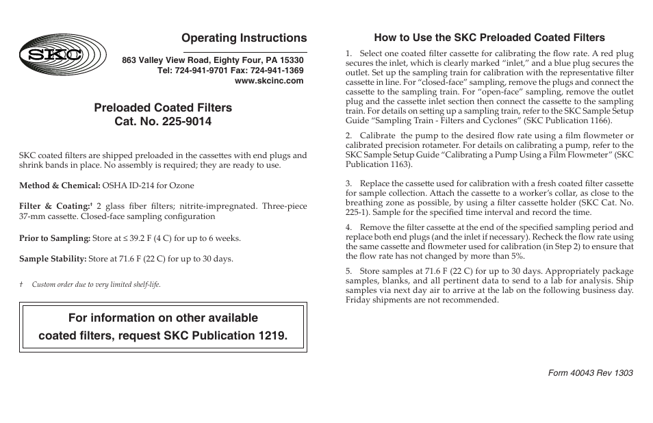 SKC 225-9014 Preloaded Coated Filter User Manual | 1 page