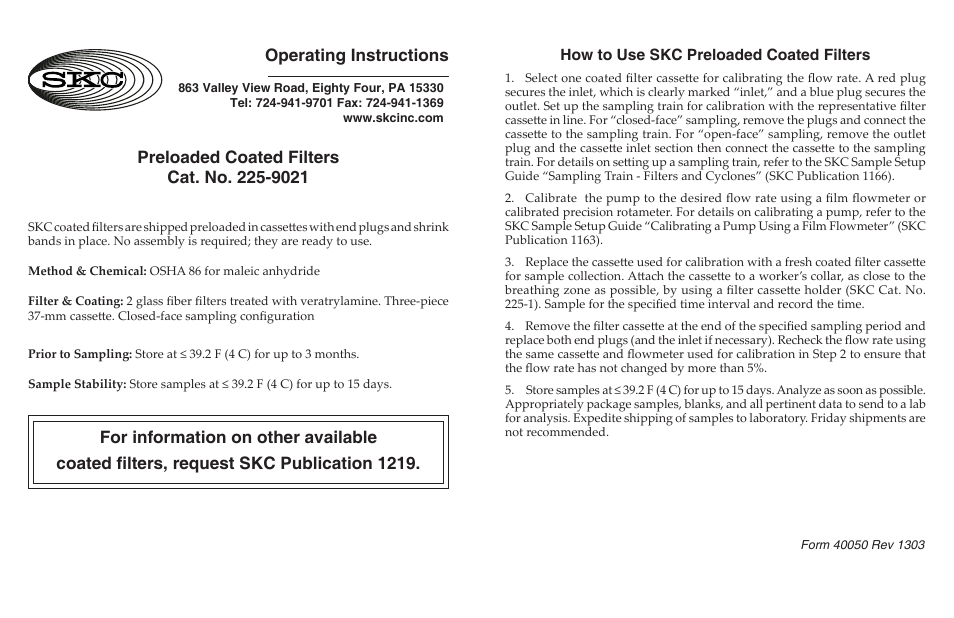 SKC 225-9021 Preloaded Coated Filter User Manual | 1 page