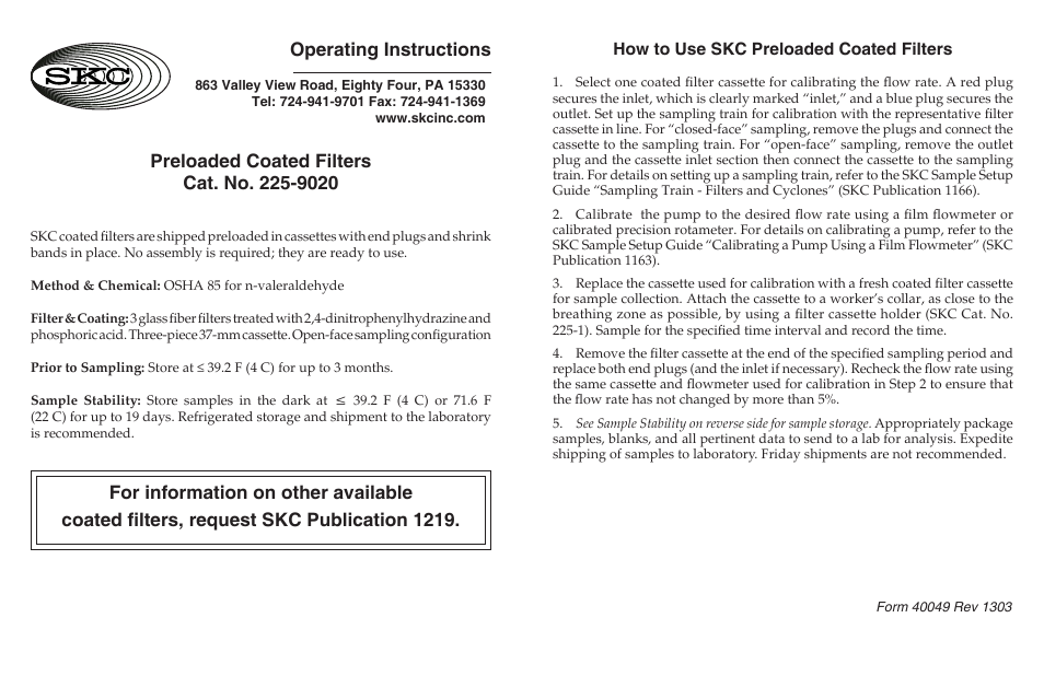 SKC 225-9020 Preloaded Coated Filter User Manual | 1 page