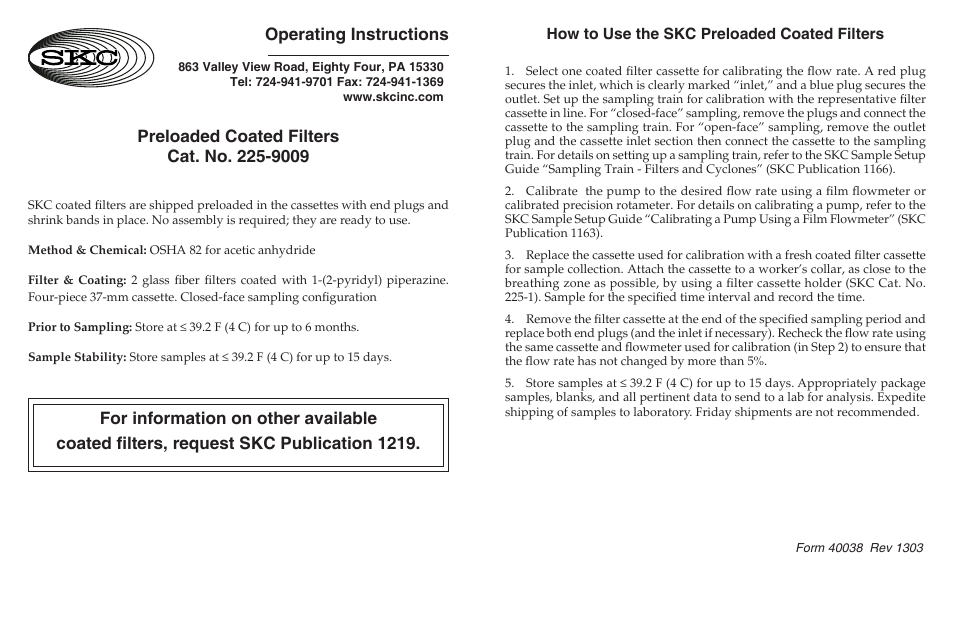 SKC 225-9009 Preloaded Coated Filter User Manual | 1 page