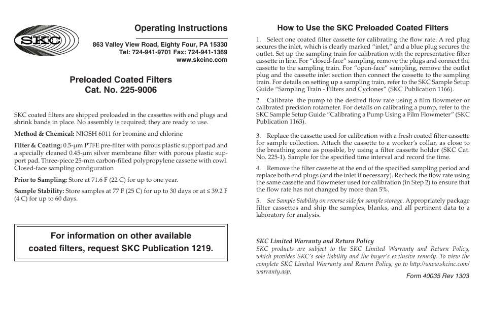 SKC 225-9006 Preloaded Coated Filter User Manual | 1 page