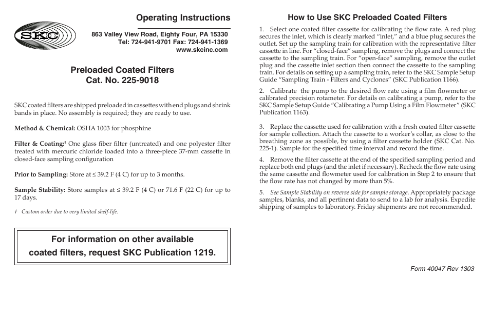 SKC 225-9018 Preloaded Coated Filter User Manual | 1 page