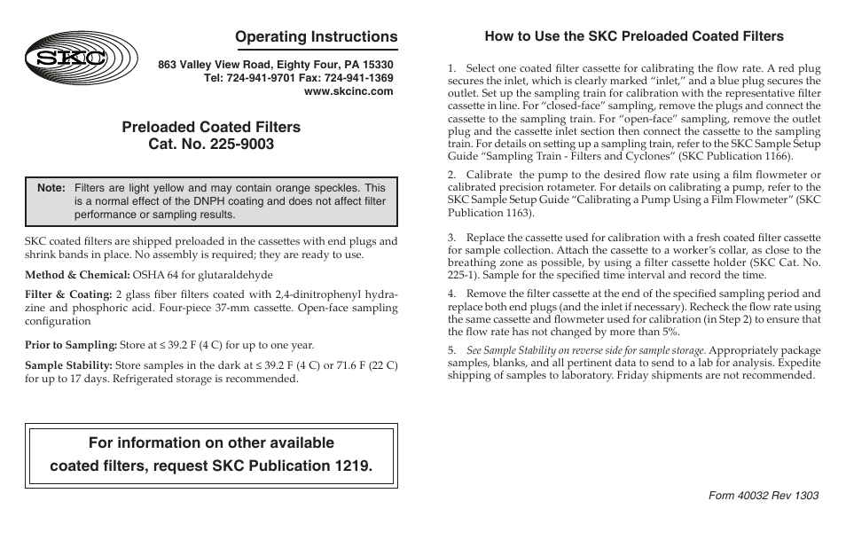 SKC 225-9003 Preloaded Coated Filter User Manual | 1 page