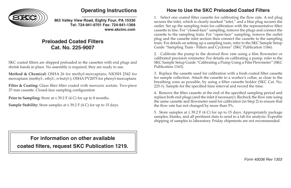 SKC 225-9007 Preloaded Coated Filter User Manual | 1 page