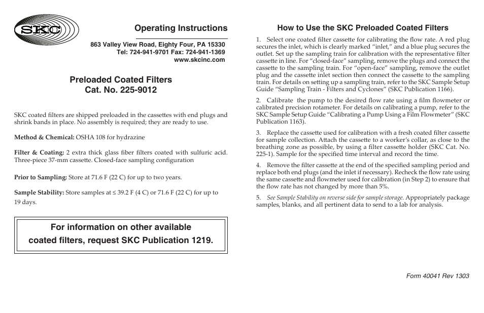 SKC 225-9012 Preloaded Coated Filter User Manual | 1 page