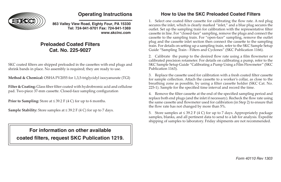 SKC 225-9027 Preloaded Coated Filter User Manual | 1 page