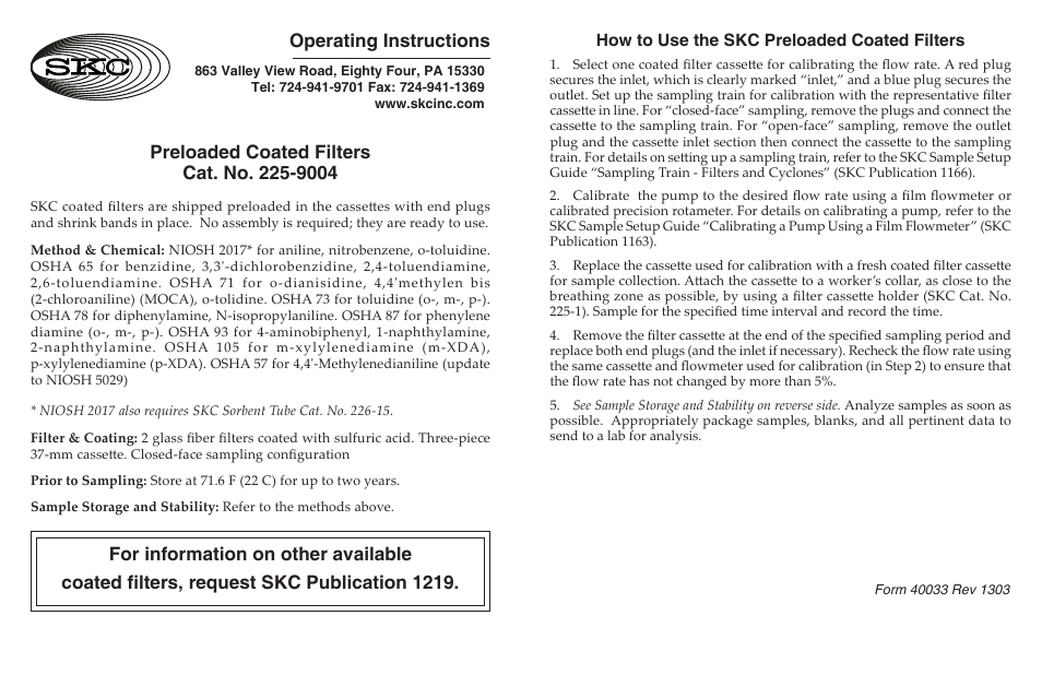 SKC 225-9004 Preloaded Coated Filter User Manual | 1 page