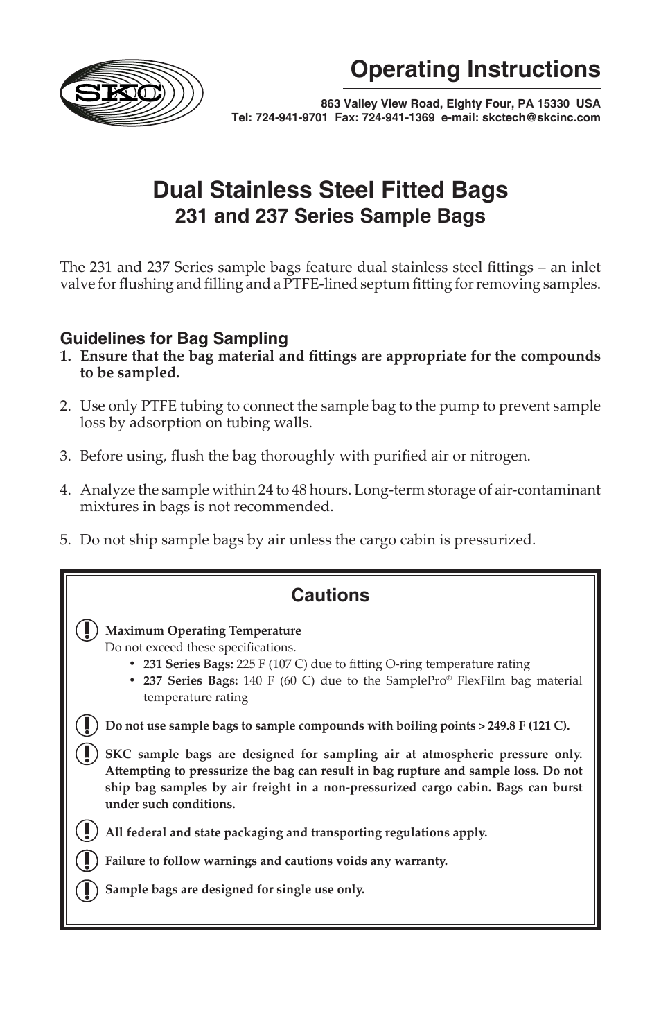 SKC 231, 237, 248 Series Dual Stainless Steel Fitted Bag User Manual | 4 pages