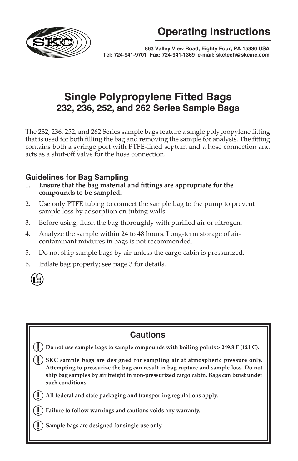 SKC 232, 236, 252, 262 Series Single Polypropylene Fitted Bag User Manual | 4 pages