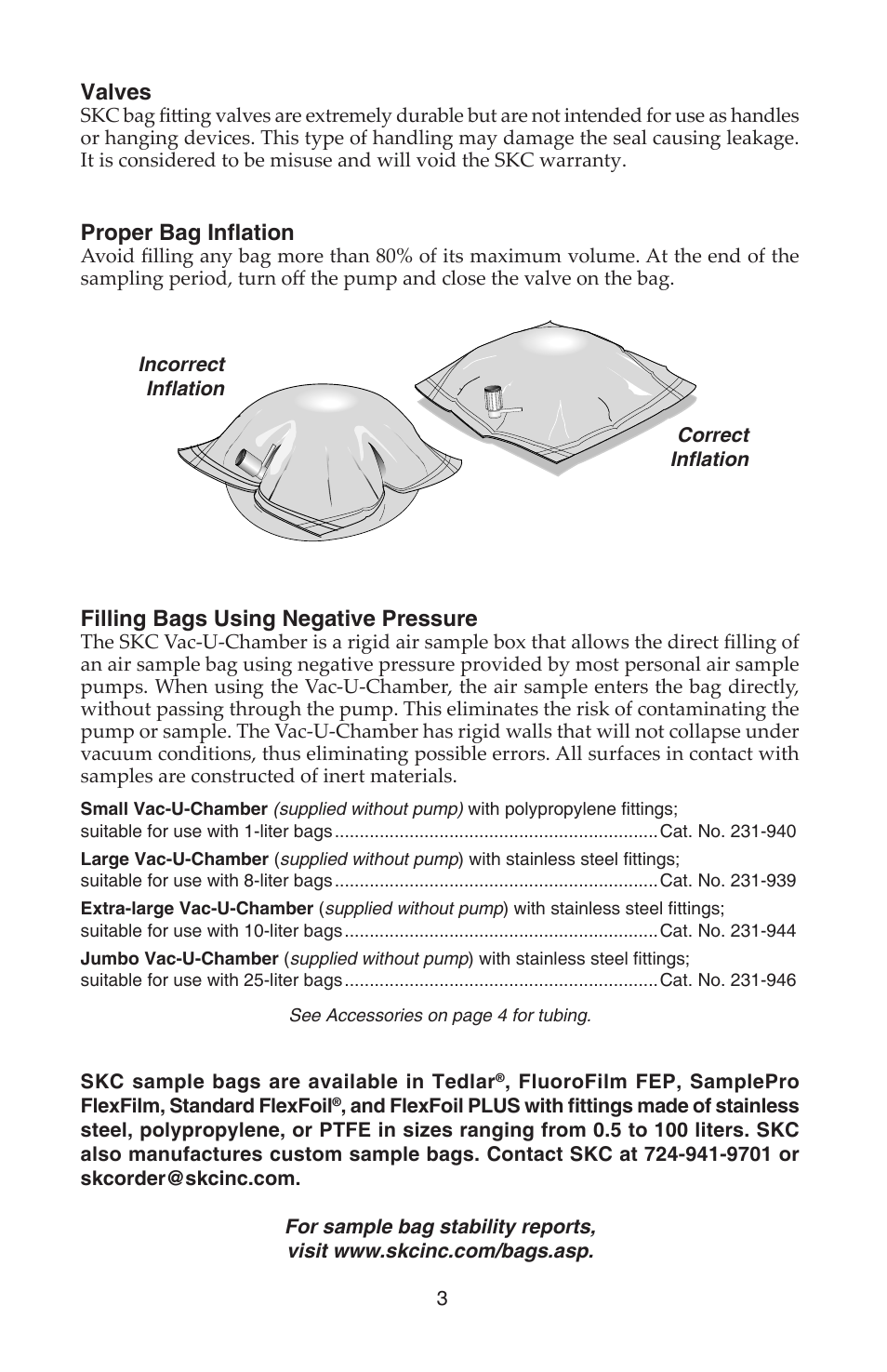 Valves, Proper bag infl ation, Filling bags using negative pressure | SKC 232, 236, 252, 262 Series Single Polypropylene Fitted Bag User Manual | Page 3 / 4