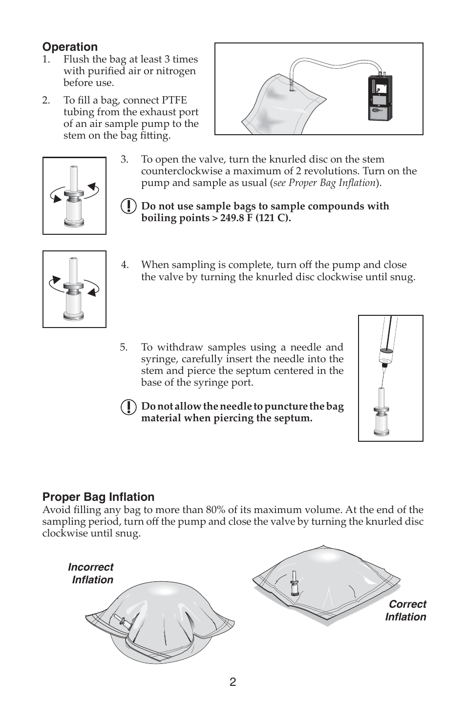 Operation, Proper bag infl ation | SKC 233, 240, 243, 253, 263 Series Single Stainless Steel or PTFE Fitted Bag User Manual | Page 2 / 4