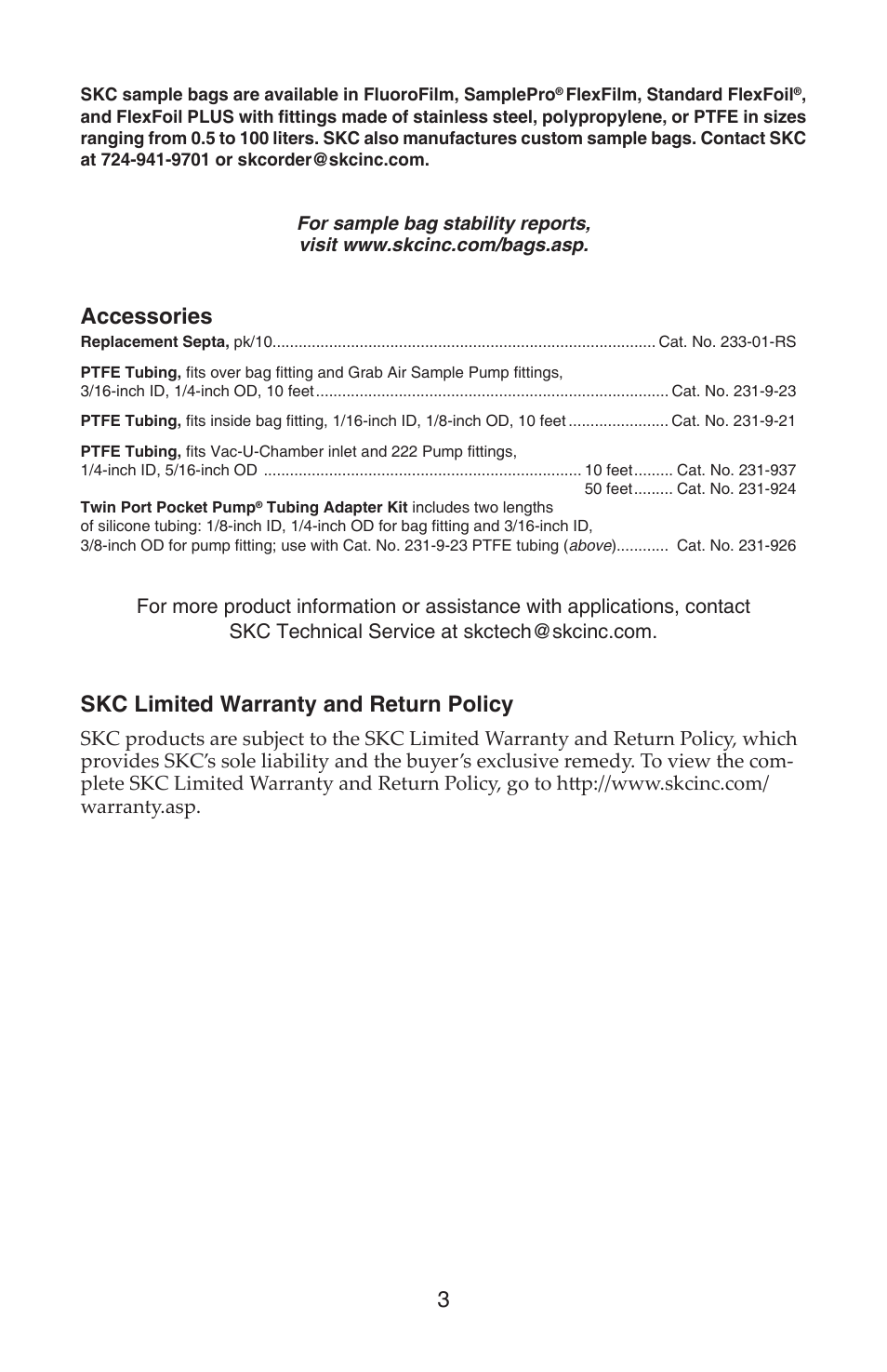 Accessories, Skc limited warranty and return policy | SKC 233, 240, 243, 253, 263 Series Single Stainless Steel or PTFE Fitted Bag User Manual | Page 3 / 4