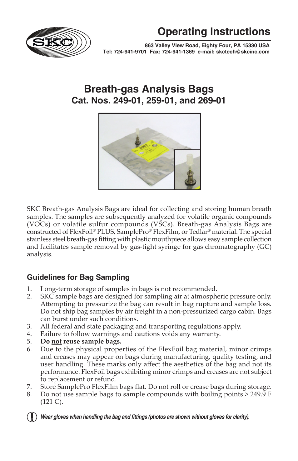 SKC 239 Series Sample Bags FlexFoil PLUS Breath-gas Analysis Bags User Manual | 4 pages