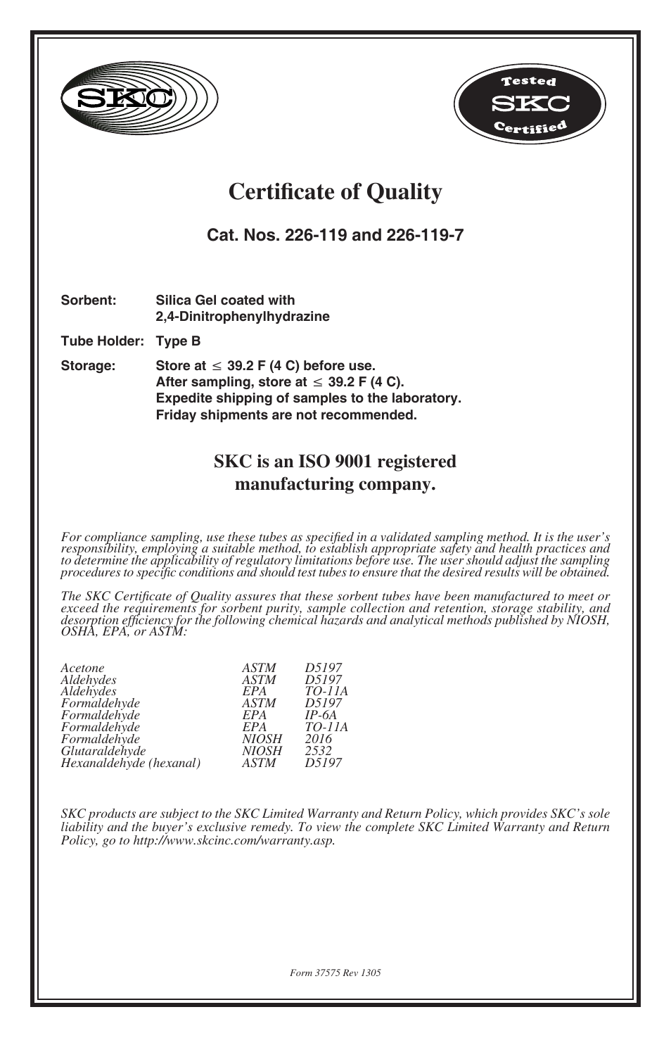 SKC 226-119 Sorbent Sample Tubes User Manual | 2 pages