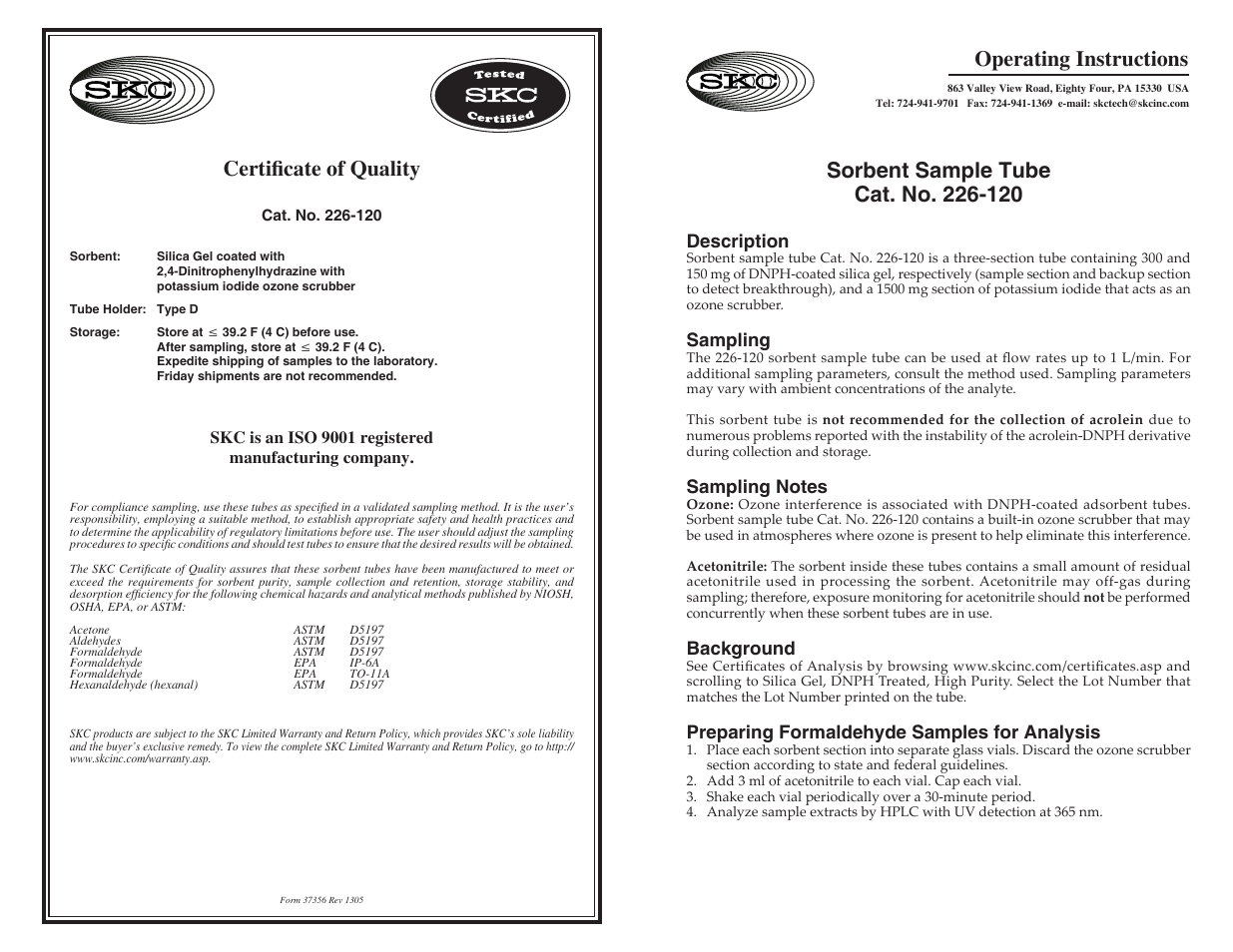 SKC 226-120 Sorbent Sample Tube User Manual | 1 page