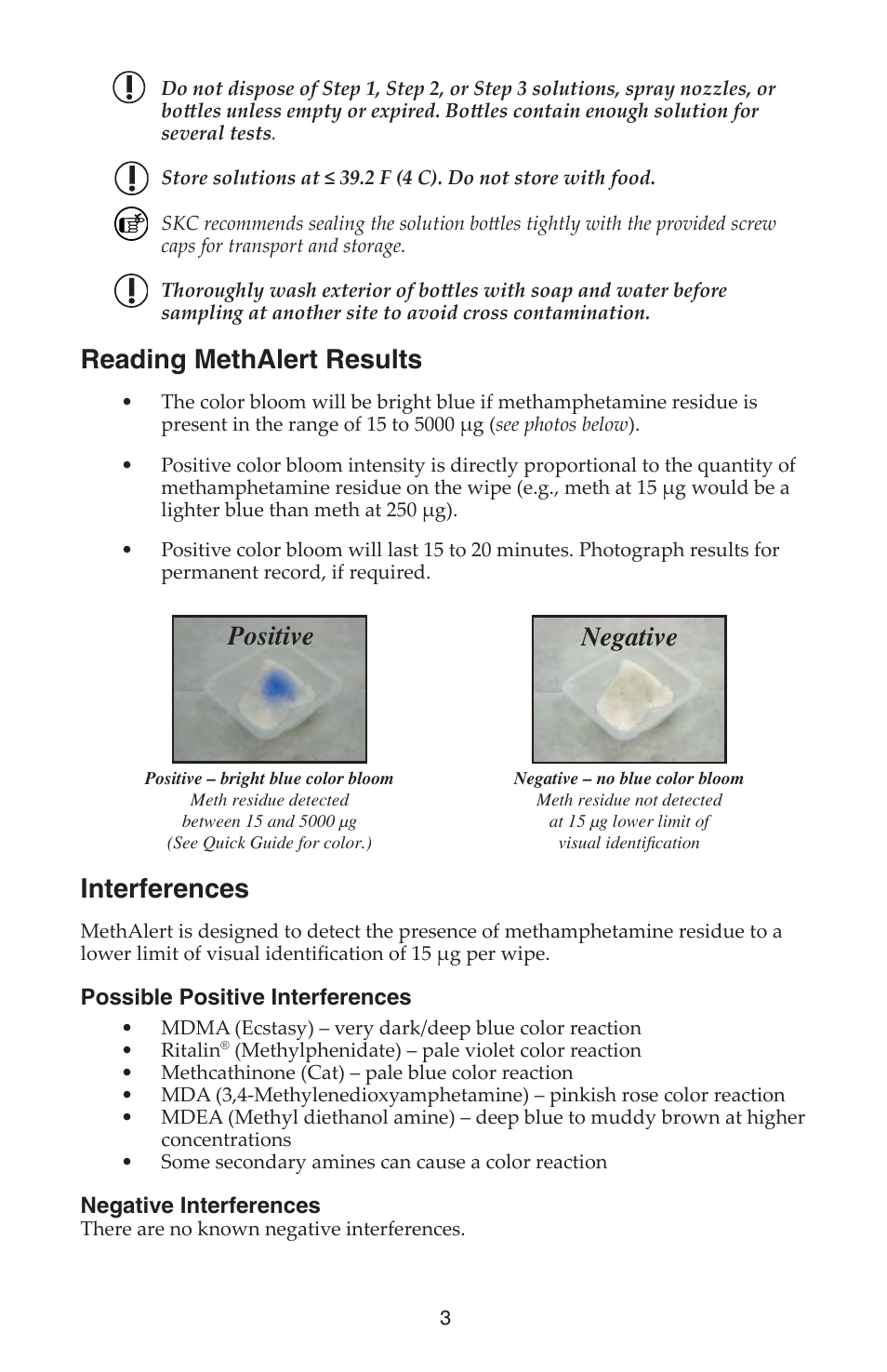Reading methalert results, Interferences, Negative positive | SKC 560-001 MethAlert Kit Colorimetric Wipe Kit User Manual | Page 3 / 7