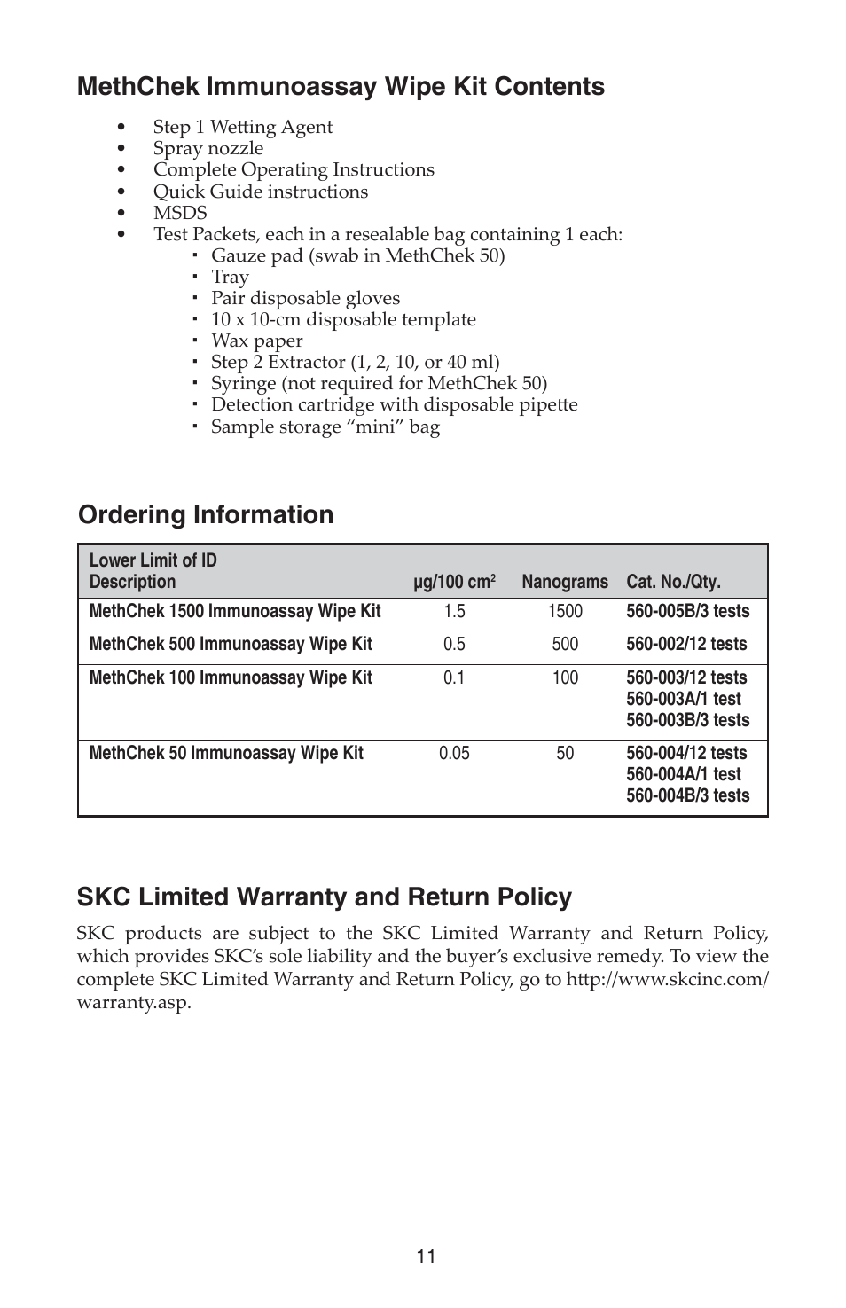 Skc limited warranty and return policy | SKC 560-002 MethChek Immunoassay Wipe Kit User Manual | Page 11 / 12