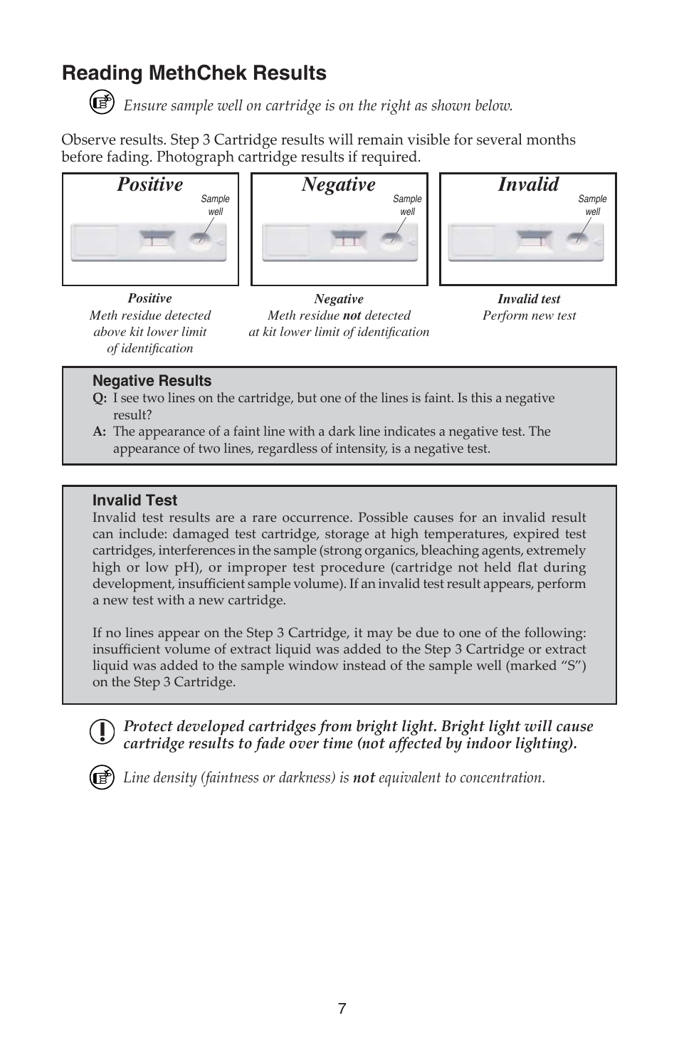 Reading methchek results, Positive negative invalid | SKC 560-002 MethChek Immunoassay Wipe Kit User Manual | Page 7 / 12