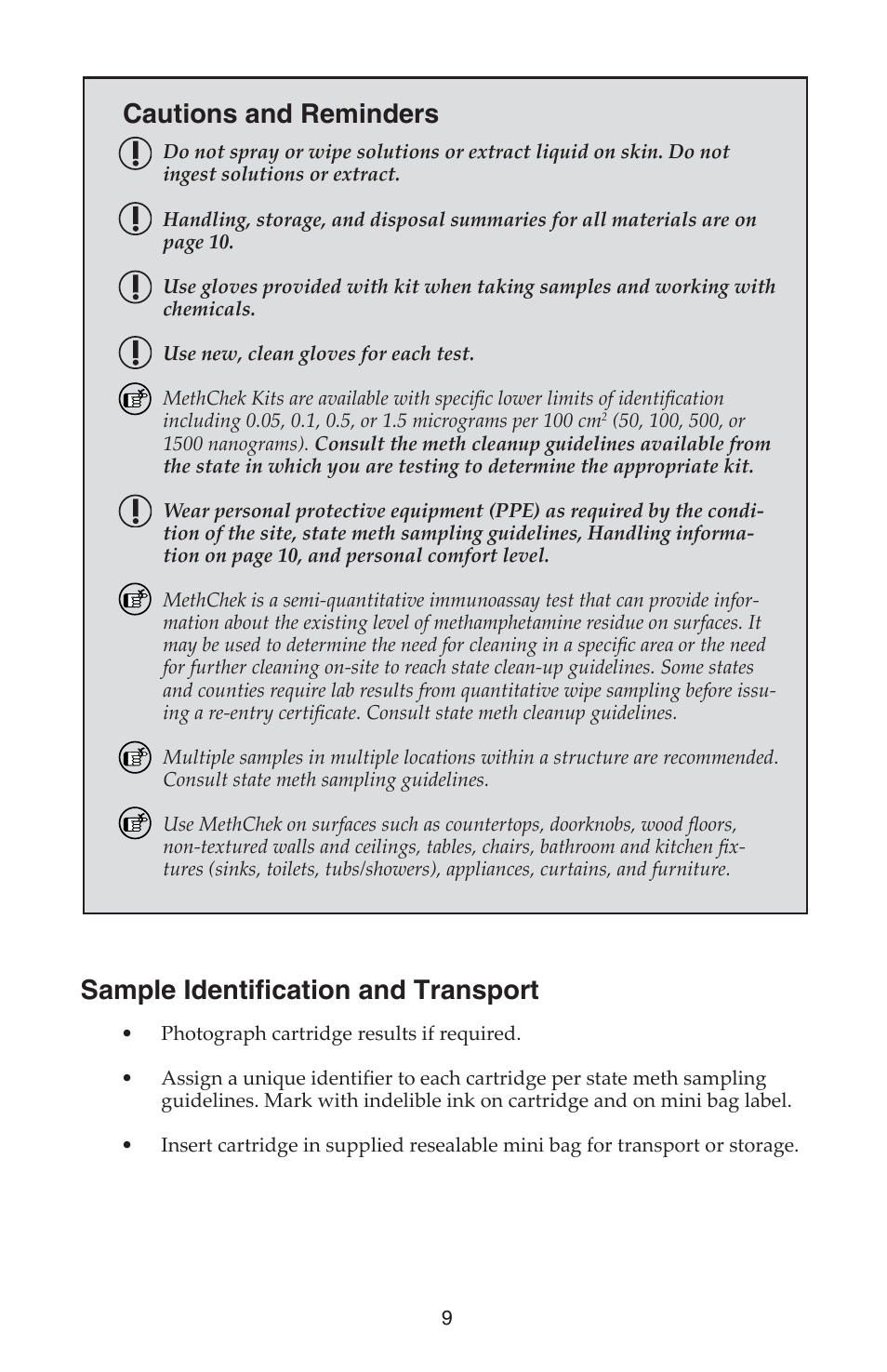 Sample identifi cation and transport, Cautions and reminders | SKC 560-002 MethChek Immunoassay Wipe Kit User Manual | Page 9 / 12