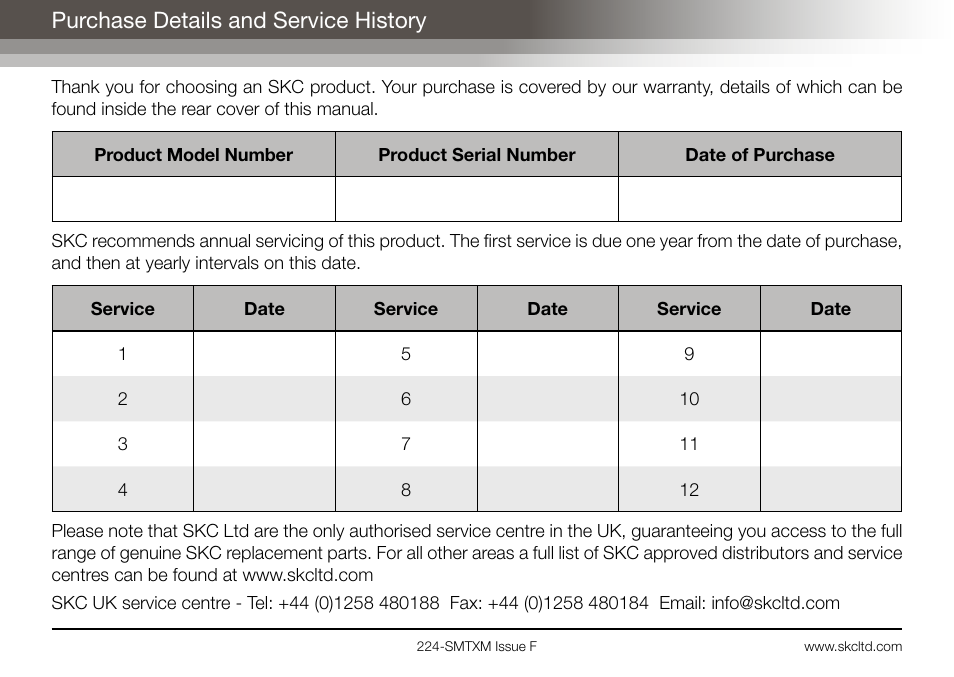 Purchase details and service history | SKC Limited Sidekick MTX Pump Operating Instructions User Manual | Page 2 / 32