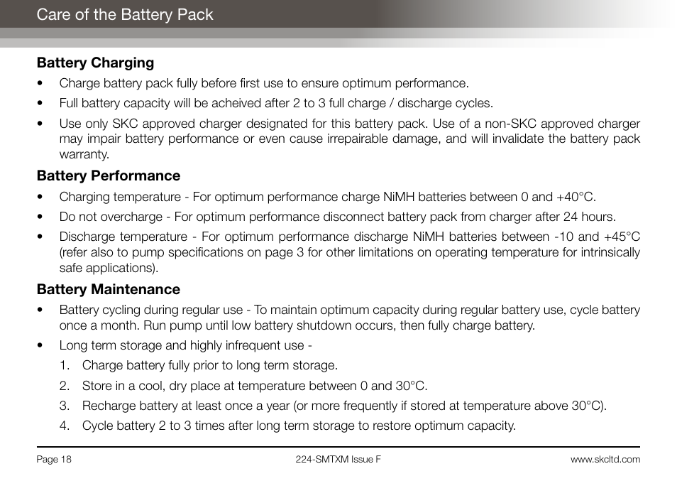 Care of the battery pack | SKC Limited Sidekick MTX Pump Operating Instructions User Manual | Page 20 / 32