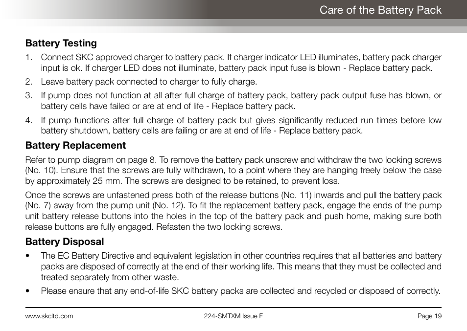 Care of the battery pack | SKC Limited Sidekick MTX Pump Operating Instructions User Manual | Page 21 / 32