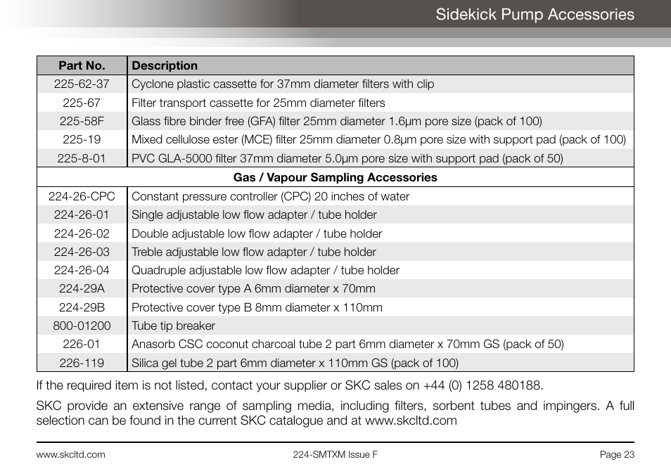 Sidekick pump accessories | SKC Limited Sidekick MTX Pump Operating Instructions User Manual | Page 25 / 32