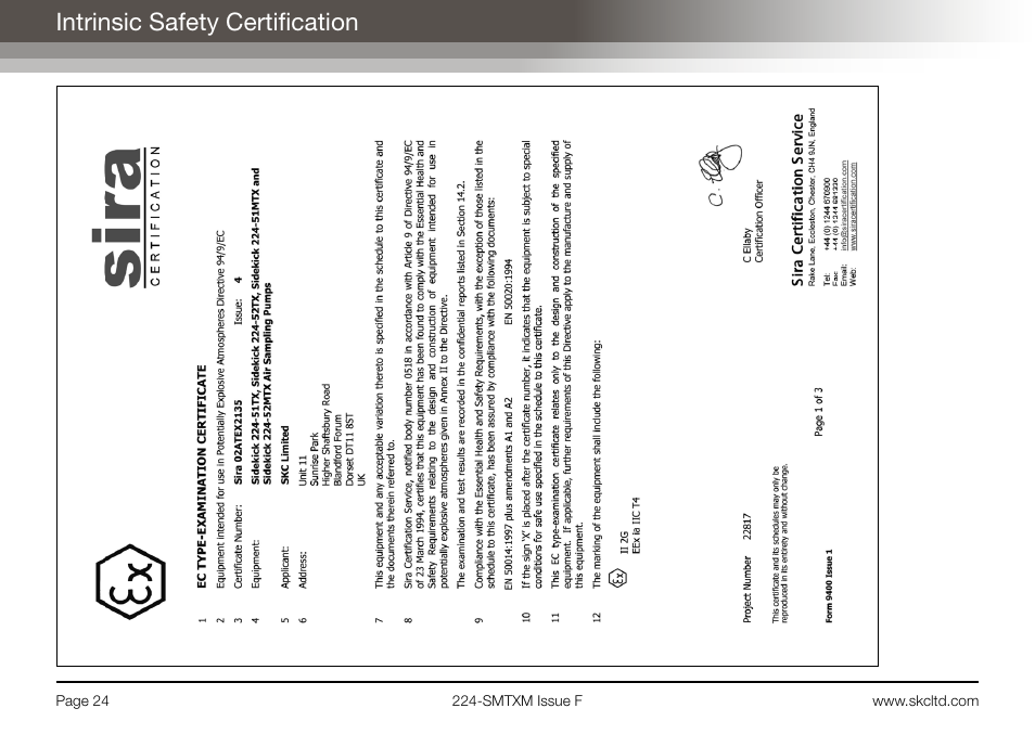 Intrinsic safety certification | SKC Limited Sidekick MTX Pump Operating Instructions User Manual | Page 26 / 32