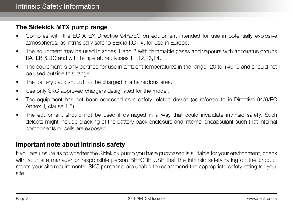 Intrinsic safety information | SKC Limited Sidekick MTX Pump Operating Instructions User Manual | Page 4 / 32