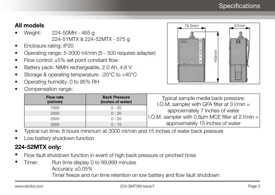 Specifications, All models, 52mtx only | SKC Limited Sidekick MTX Pump Operating Instructions User Manual | Page 5 / 32
