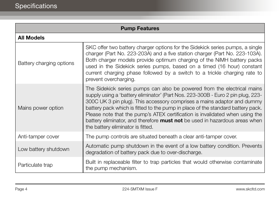 Specifications | SKC Limited Sidekick MTX Pump Operating Instructions User Manual | Page 6 / 32