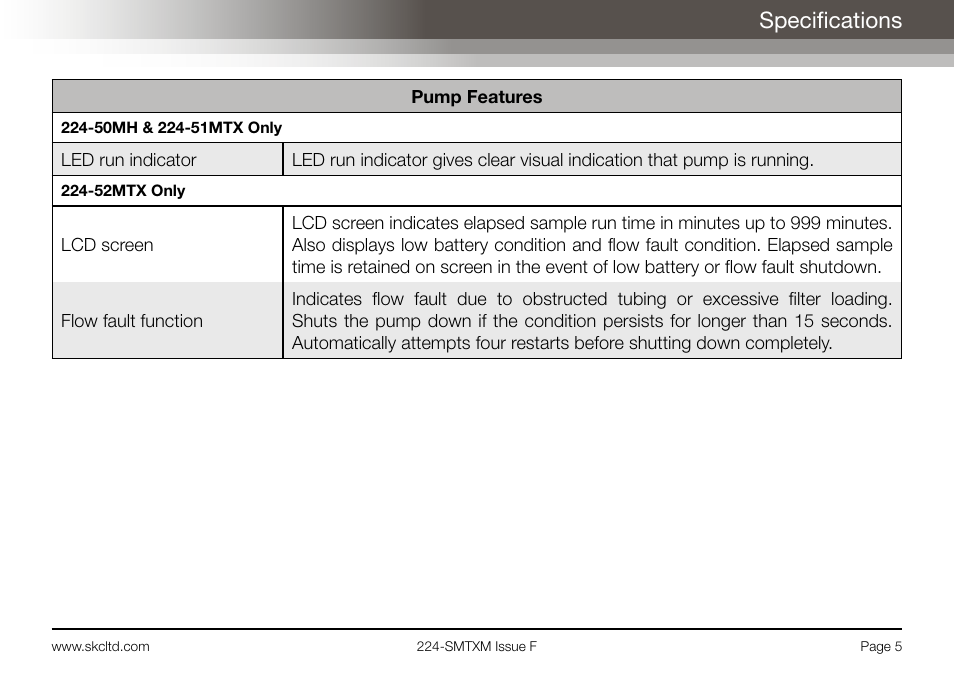 Specifications | SKC Limited Sidekick MTX Pump Operating Instructions User Manual | Page 7 / 32