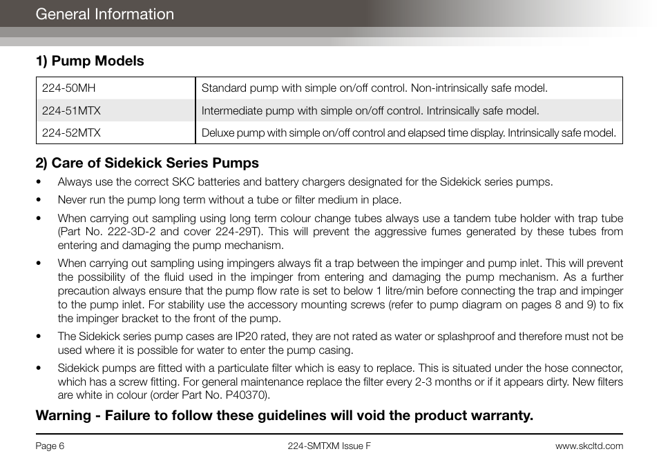 General information, 1) pump models, 2) care of sidekick series pumps | SKC Limited Sidekick MTX Pump Operating Instructions User Manual | Page 8 / 32