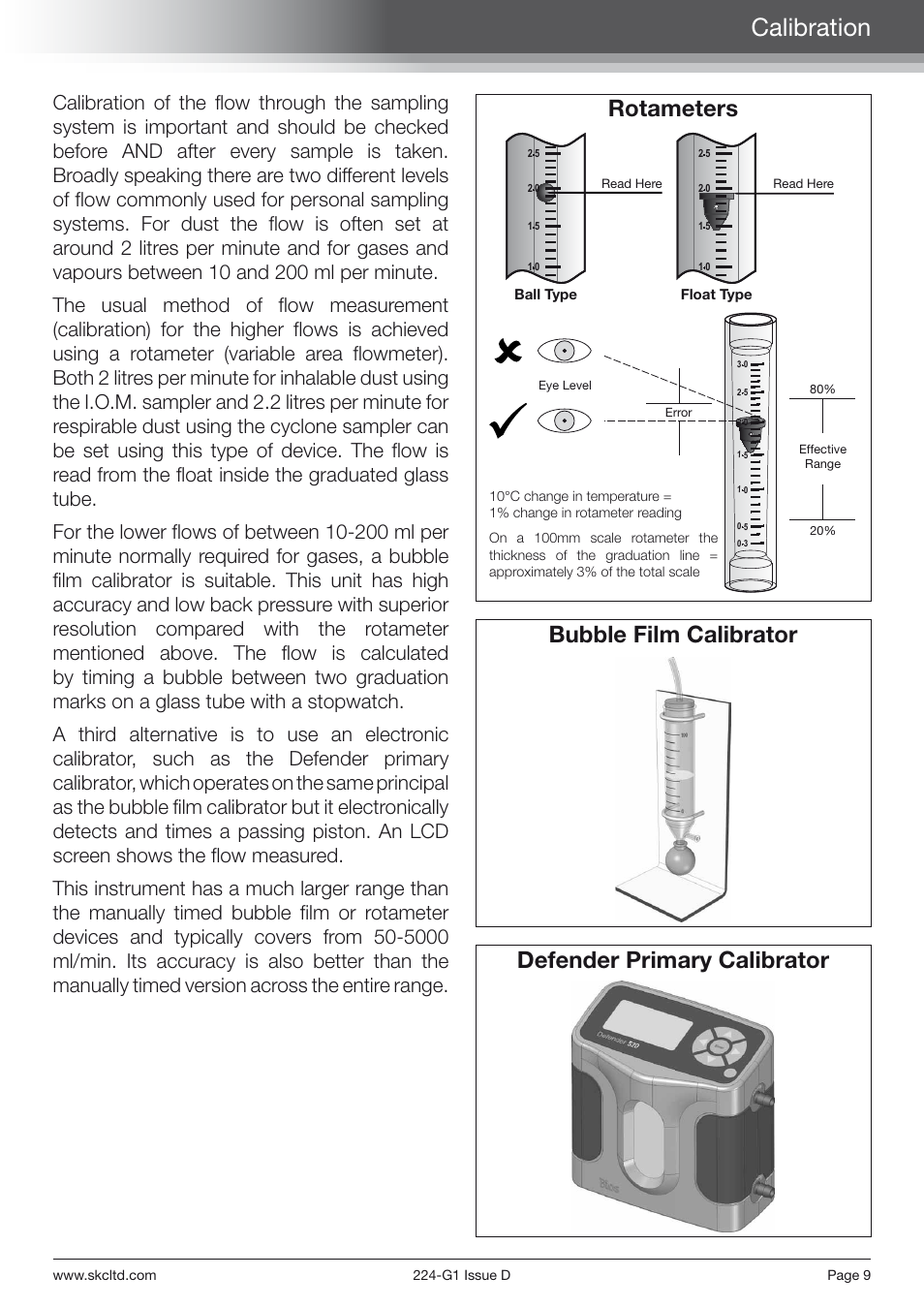 Calibration, Rotameters, Bubble film calibrator defender primary calibrator | SKC Limited AirChek 3000 Deluxe Pump Step By Step Guide User Manual | Page 11 / 20