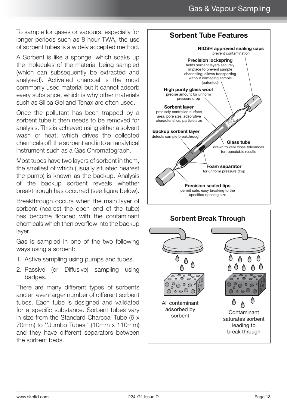 Gas & vapour sampling, Sorbent tube features, Sorbent break through | SKC Limited AirChek 3000 Deluxe Pump Step By Step Guide User Manual | Page 15 / 20