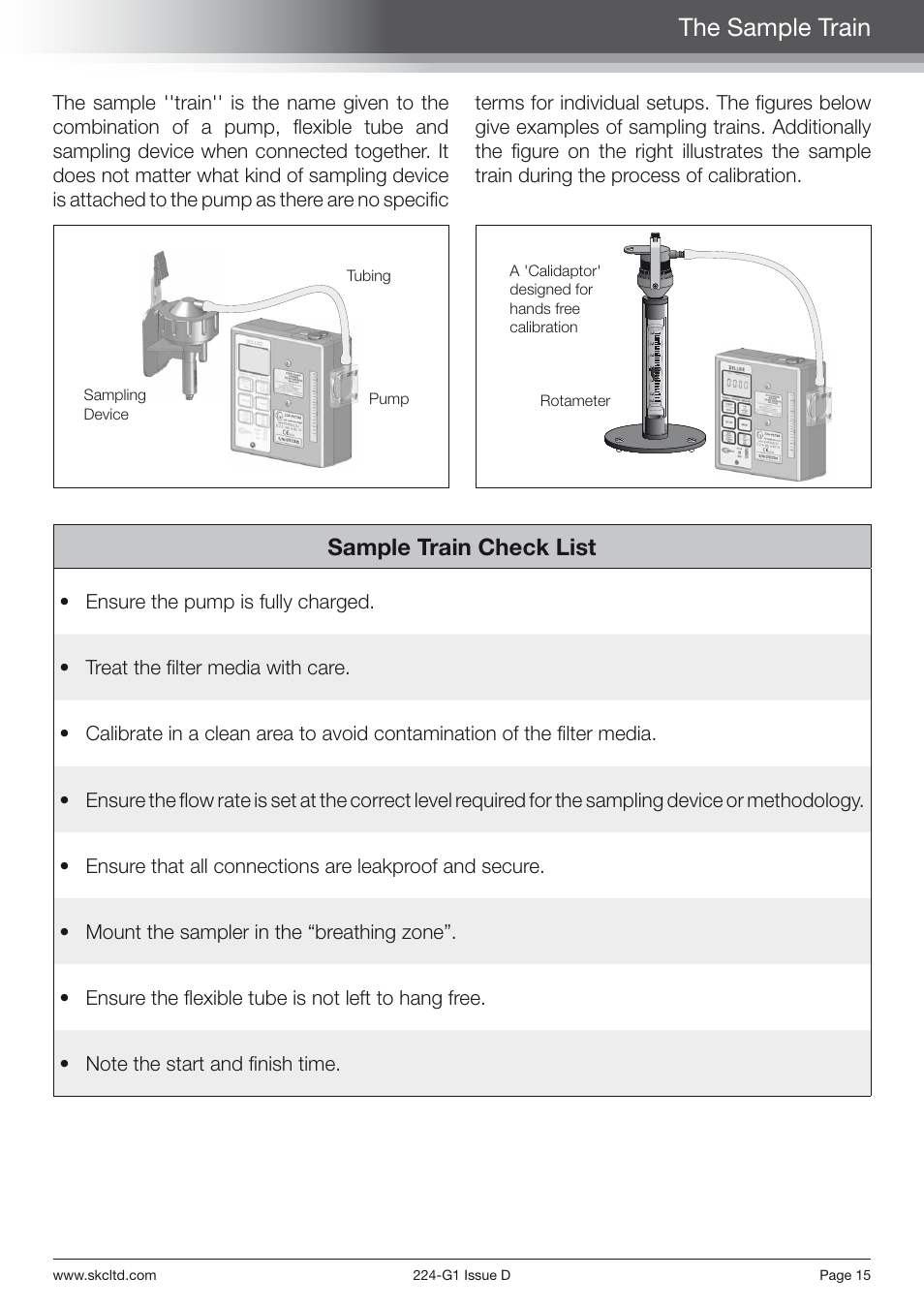 The sample train, Sample train check list | SKC Limited AirChek 3000 Deluxe Pump Step By Step Guide User Manual | Page 17 / 20