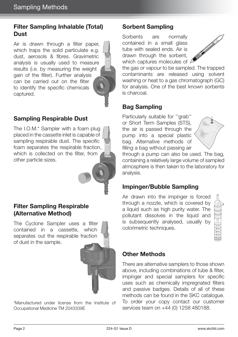 Sampling methods, Filter sampling inhalable (total) dust, Sampling respirable dust | Filter sampling respirable (alternative method), Sorbent sampling, Bag sampling, Impinger/bubble sampling, Other methods | SKC Limited AirChek 3000 Deluxe Pump Step By Step Guide User Manual | Page 4 / 20