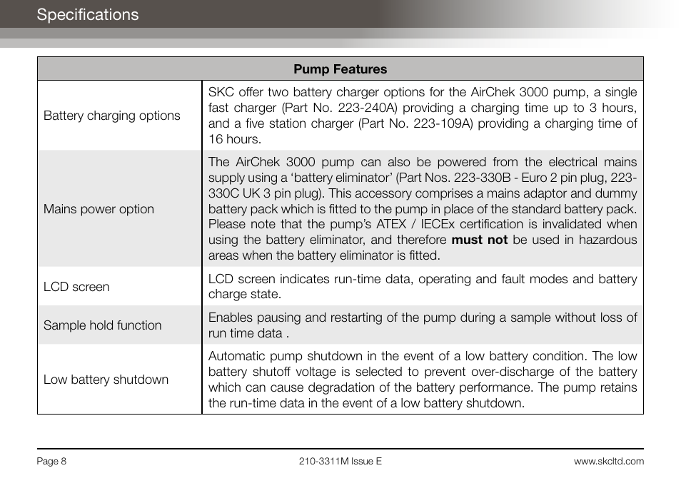 Specifications | SKC Limited AirChek 3000 Deluxe Pump Operating Instructions User Manual | Page 10 / 68